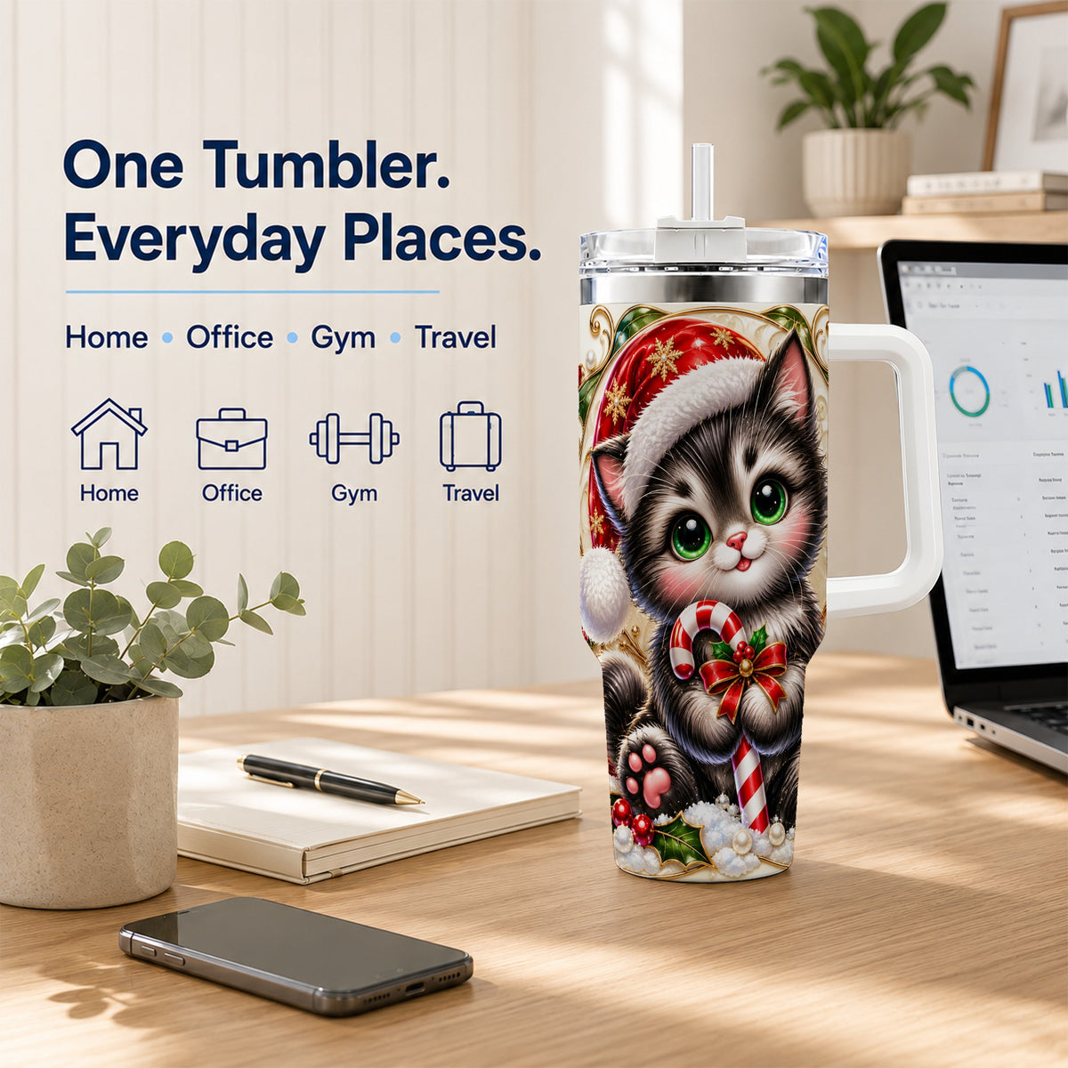 Ornate Kitten 40oz Tumbler with Handle, Candy Cane Travel Cup
