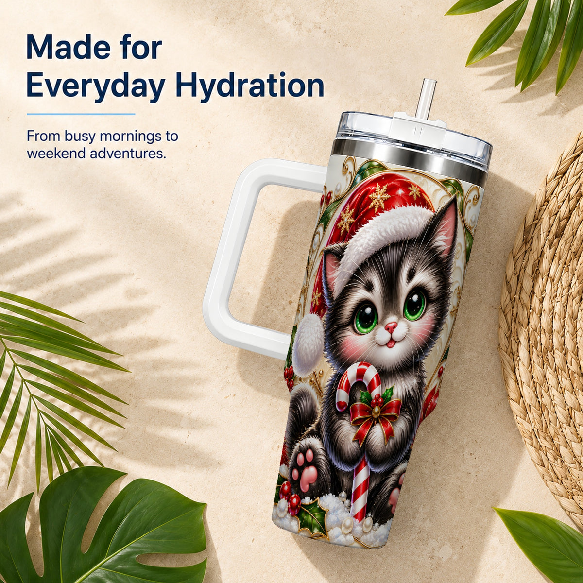 Ornate Kitten 40oz Tumbler with Handle, Candy Cane Travel Cup