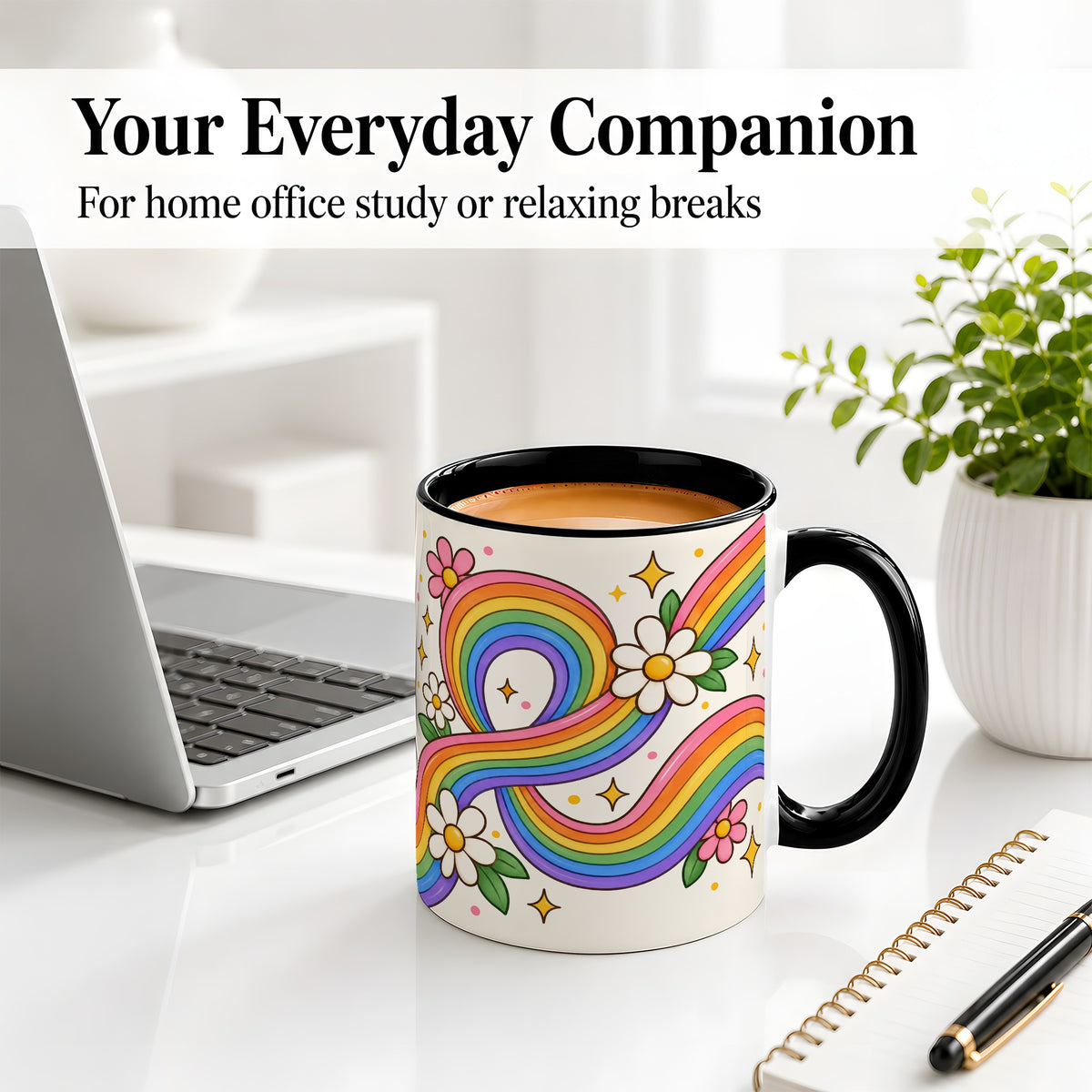 #pl[11oz|Black] Rainbow Floral Ceramic Mug with Daisies and Colorful Waves