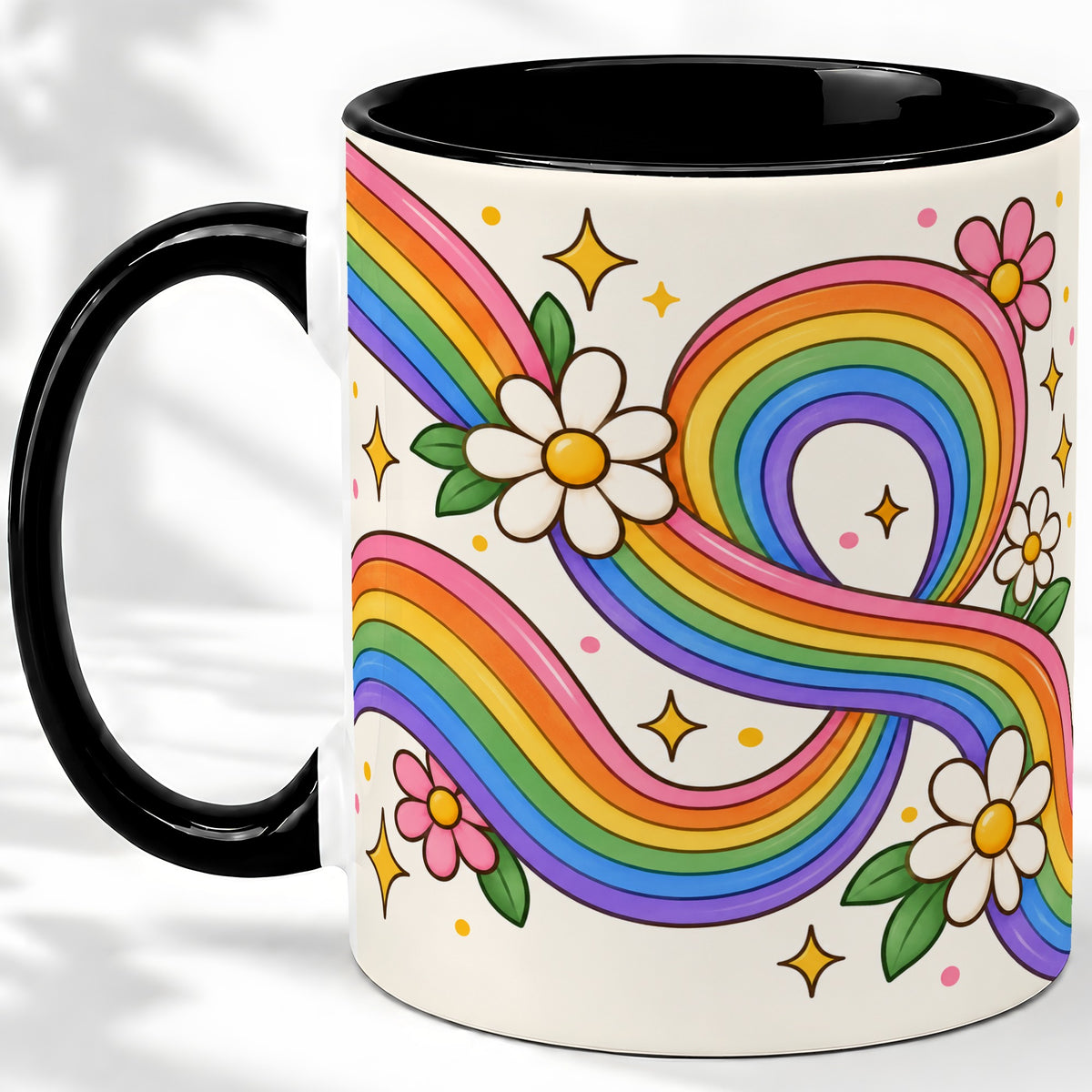 #pl[11oz|Black] Rainbow Floral Ceramic Mug with Daisies and Colorful Waves