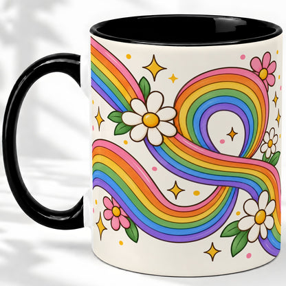 #pl[11oz|Black] Rainbow Floral Ceramic Mug with Daisies and Colorful Waves