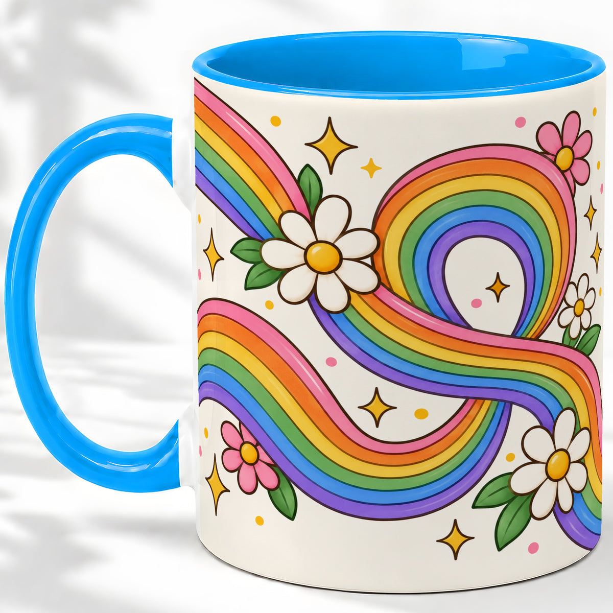 #pl[11oz|Blue] Rainbow Floral Ceramic Mug with Daisies and Colorful Waves