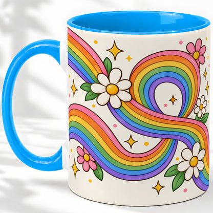 #pl[11oz|Blue] Rainbow Floral Ceramic Mug with Daisies and Colorful Waves