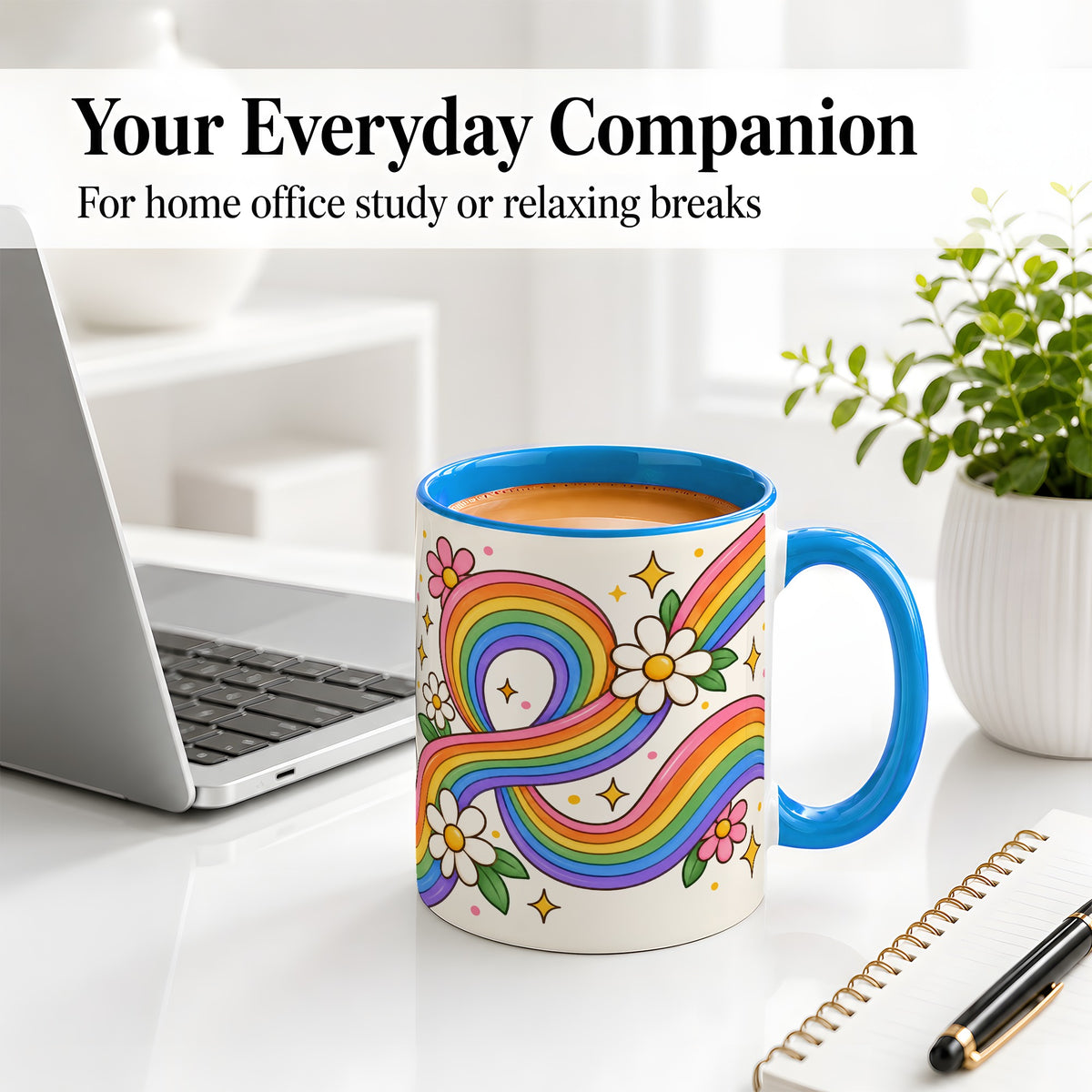 #pl[11oz|Blue] Rainbow Floral Ceramic Mug with Daisies and Colorful Waves