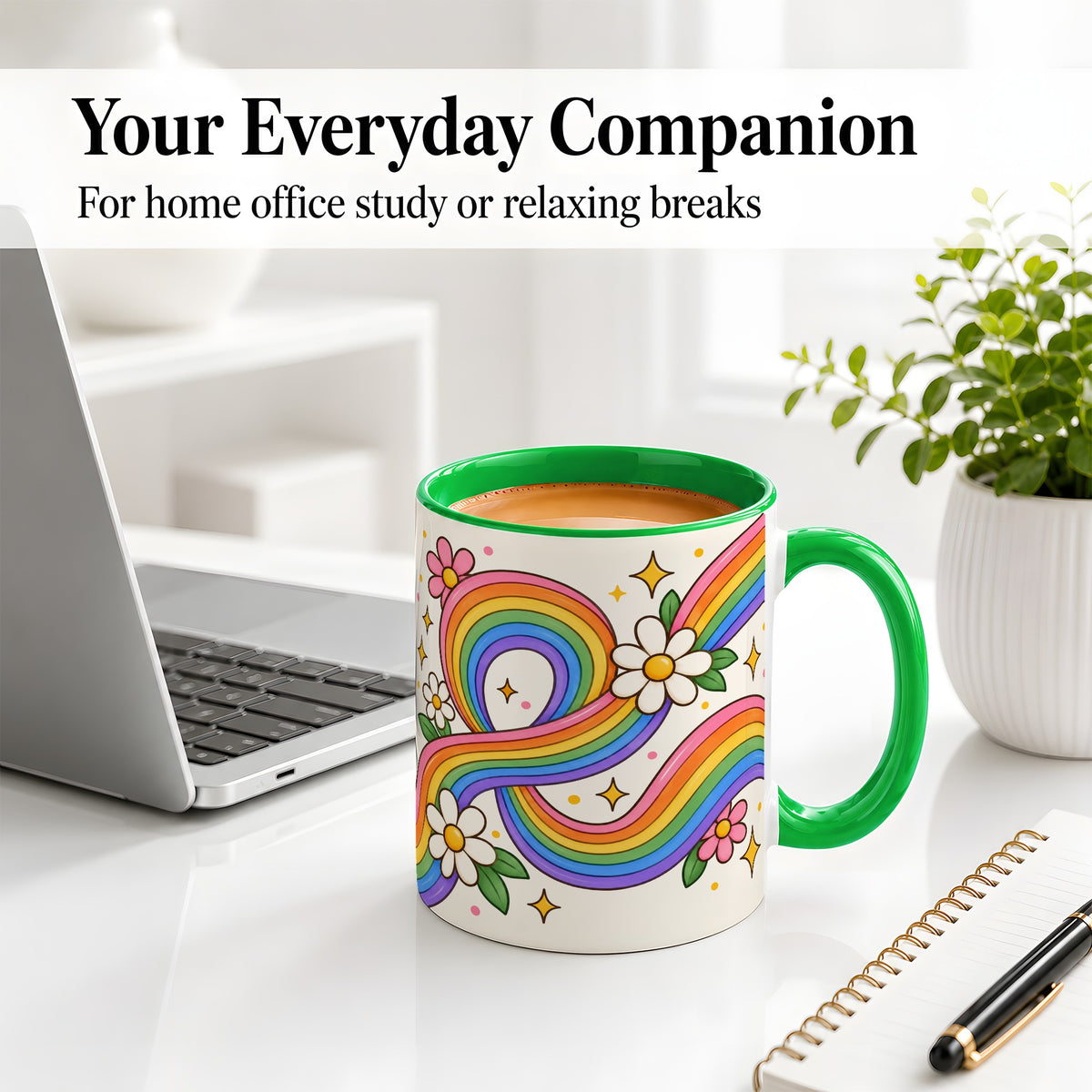 #pl[11oz|Green] Rainbow Floral Ceramic Mug with Daisies and Colorful Waves