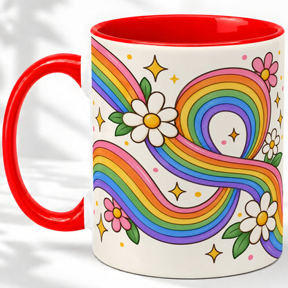 Rainbow Floral Ceramic Mug with Daisies and Colorful Waves