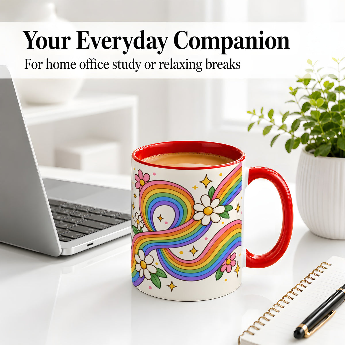 #pl[11oz|Red] Rainbow Floral Ceramic Mug with Daisies and Colorful Waves