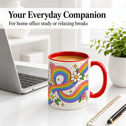 #pl[11oz|Red] Rainbow Floral Ceramic Mug with Daisies and Colorful Waves