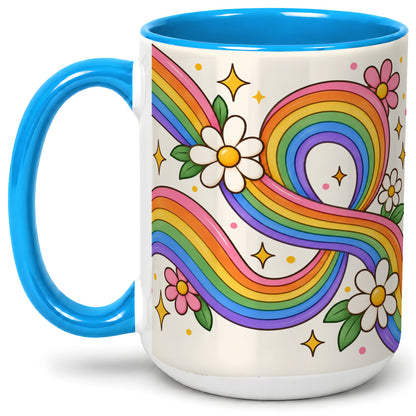#pl[15oz|Blue] Rainbow Floral Ceramic Mug with Daisies and Colorful Waves