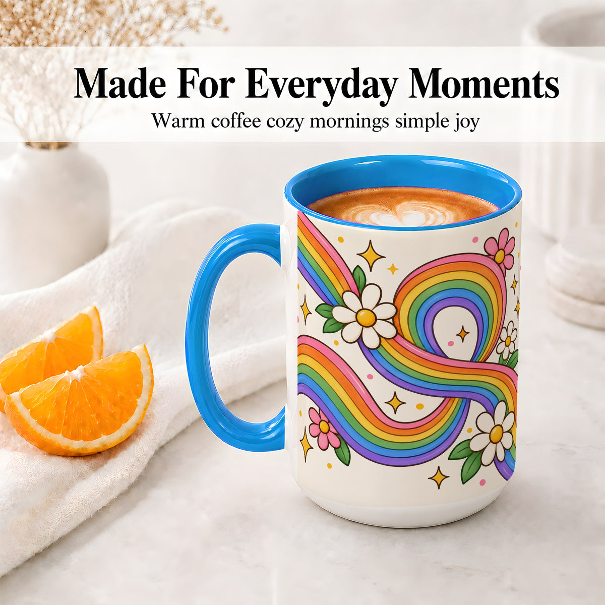 #pl[15oz|Blue] Rainbow Floral Ceramic Mug with Daisies and Colorful Waves