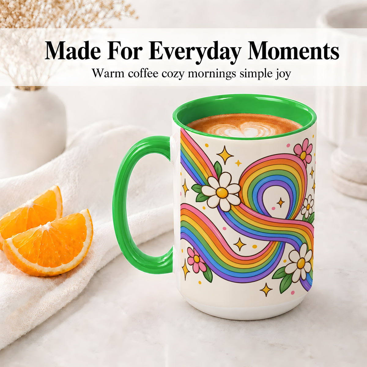 #pl[15oz|Green] Rainbow Floral Ceramic Mug with Daisies and Colorful Waves