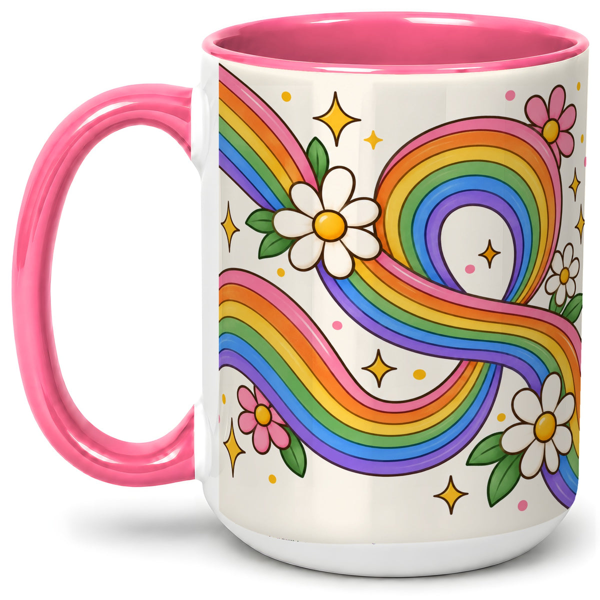 #pl[15oz|Pink] Rainbow Floral Ceramic Mug with Daisies and Colorful Waves