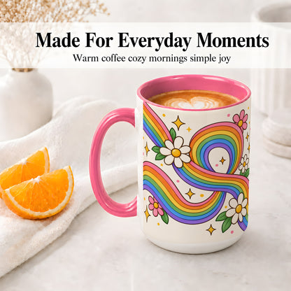 #pl[15oz|Pink] Rainbow Floral Ceramic Mug with Daisies and Colorful Waves
