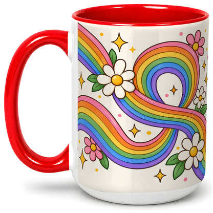 #pl[15oz|Red] Rainbow Floral Ceramic Mug with Daisies and Colorful Waves