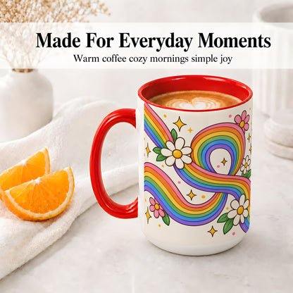 #pl[15oz|Red] Rainbow Floral Ceramic Mug with Daisies and Colorful Waves