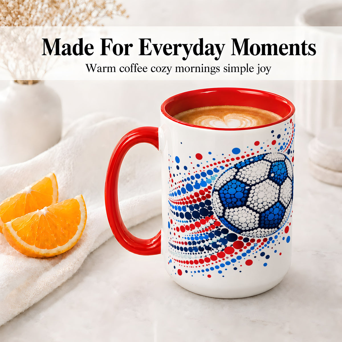 #pl[15oz|Red] Soccer Ball Dot Art Ceramic Mug for Soccer Fans and Game Day
