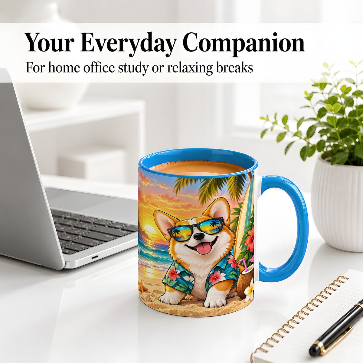 #pl[11oz|Blue] Tropical Corgi Beach Ceramic Mug for Dog Lovers and Summer Days