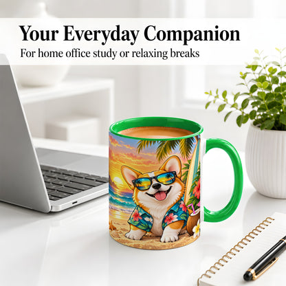 #pl[11oz|Green] Tropical Corgi Beach Ceramic Mug for Dog Lovers and Summer Days