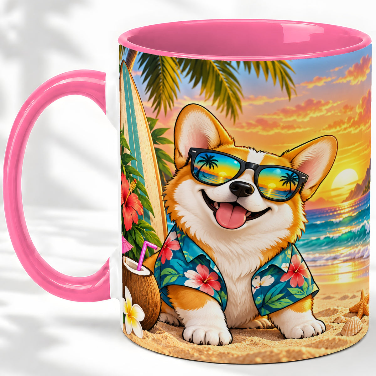 #pl[11oz|Pink] Tropical Corgi Beach Ceramic Mug for Dog Lovers and Summer Days