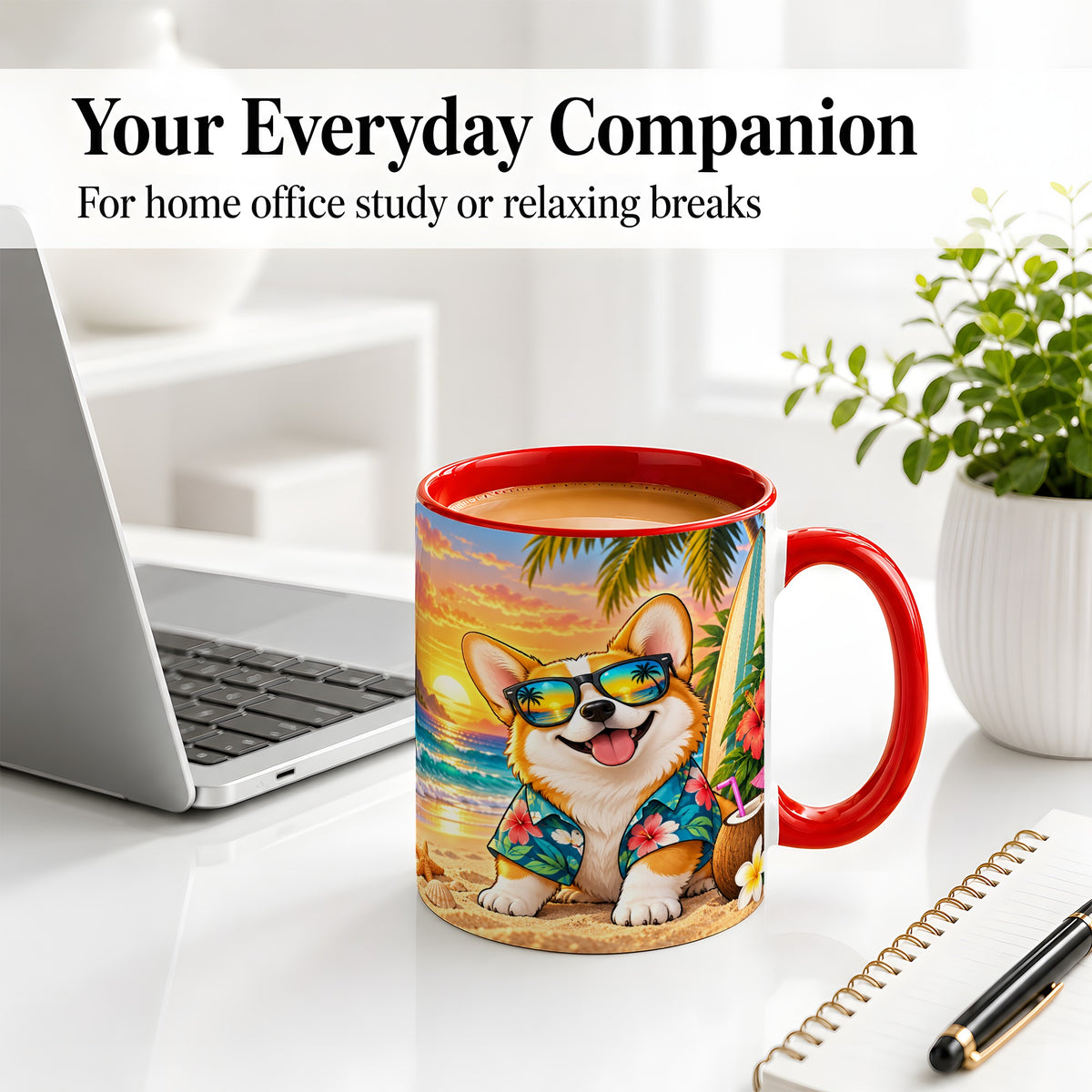 #pl[11oz|Red] Tropical Corgi Beach Ceramic Mug for Dog Lovers and Summer Days
