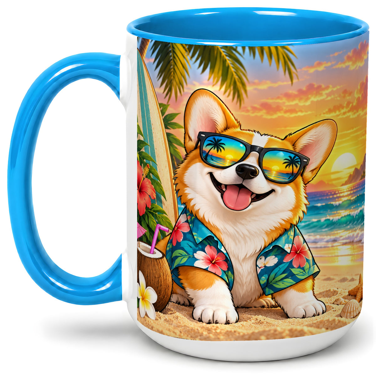 #pl[15oz|Blue] Tropical Corgi Beach Ceramic Mug for Dog Lovers and Summer Days