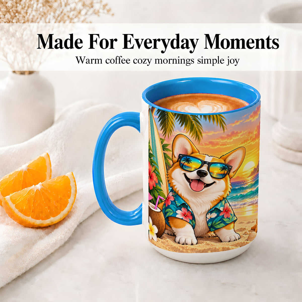 #pl[15oz|Blue] Tropical Corgi Beach Ceramic Mug for Dog Lovers and Summer Days