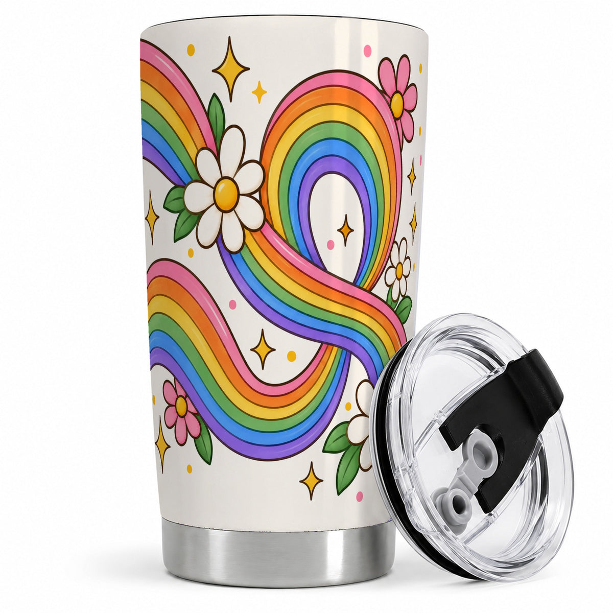 Rainbow Floral 20oz Tumbler with Daisies and Colorful Waves