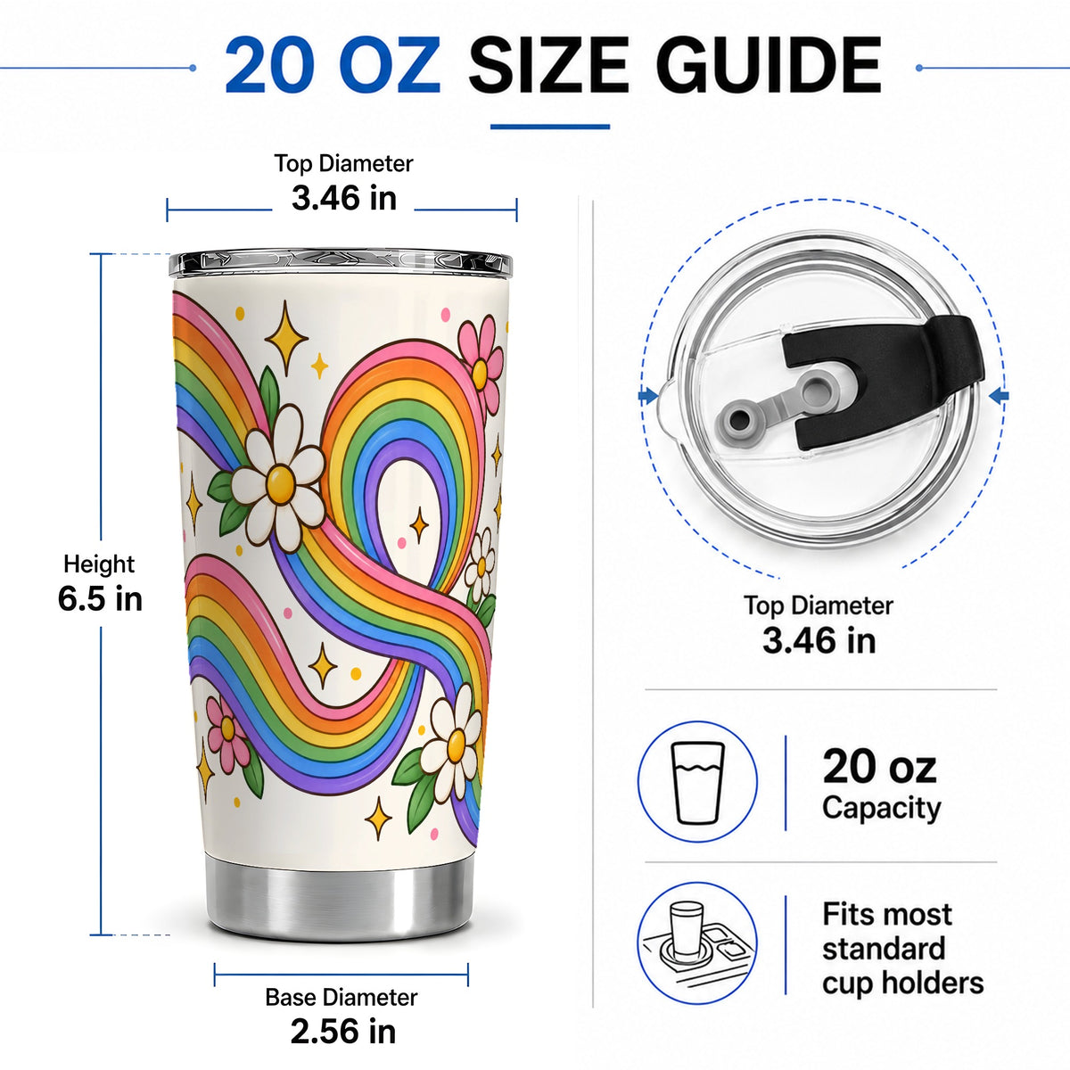 #pl[20oz|Steel] Rainbow Floral 20oz Tumbler with Daisies and Colorful Waves