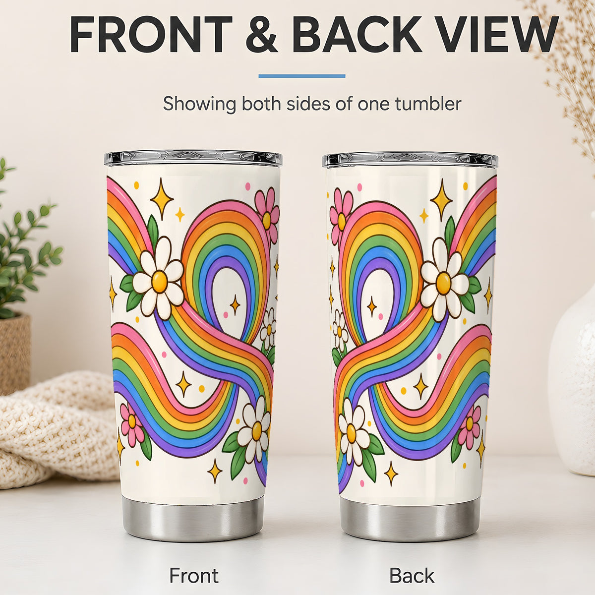 #pl[20oz|Steel] Rainbow Floral 20oz Tumbler with Daisies and Colorful Waves
