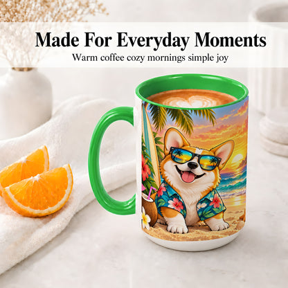 #pl[15oz|Green] Tropical Corgi Beach Ceramic Mug for Dog Lovers and Summer Days