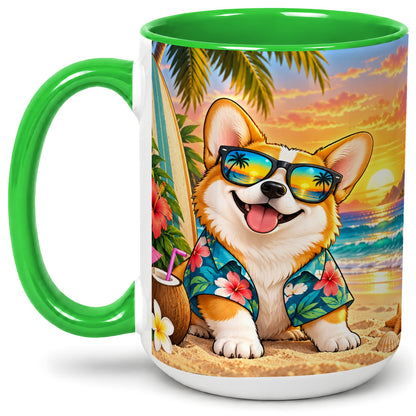 #pl[15oz|Green] Tropical Corgi Beach Ceramic Mug for Dog Lovers and Summer Days