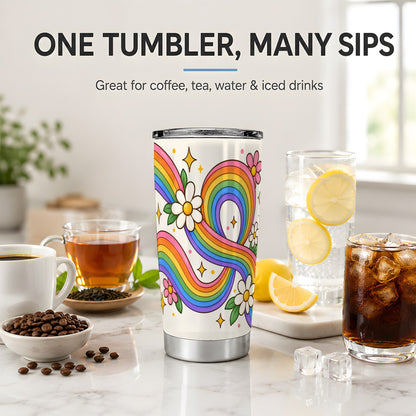 Rainbow Floral 20oz Tumbler with Daisies and Colorful Waves