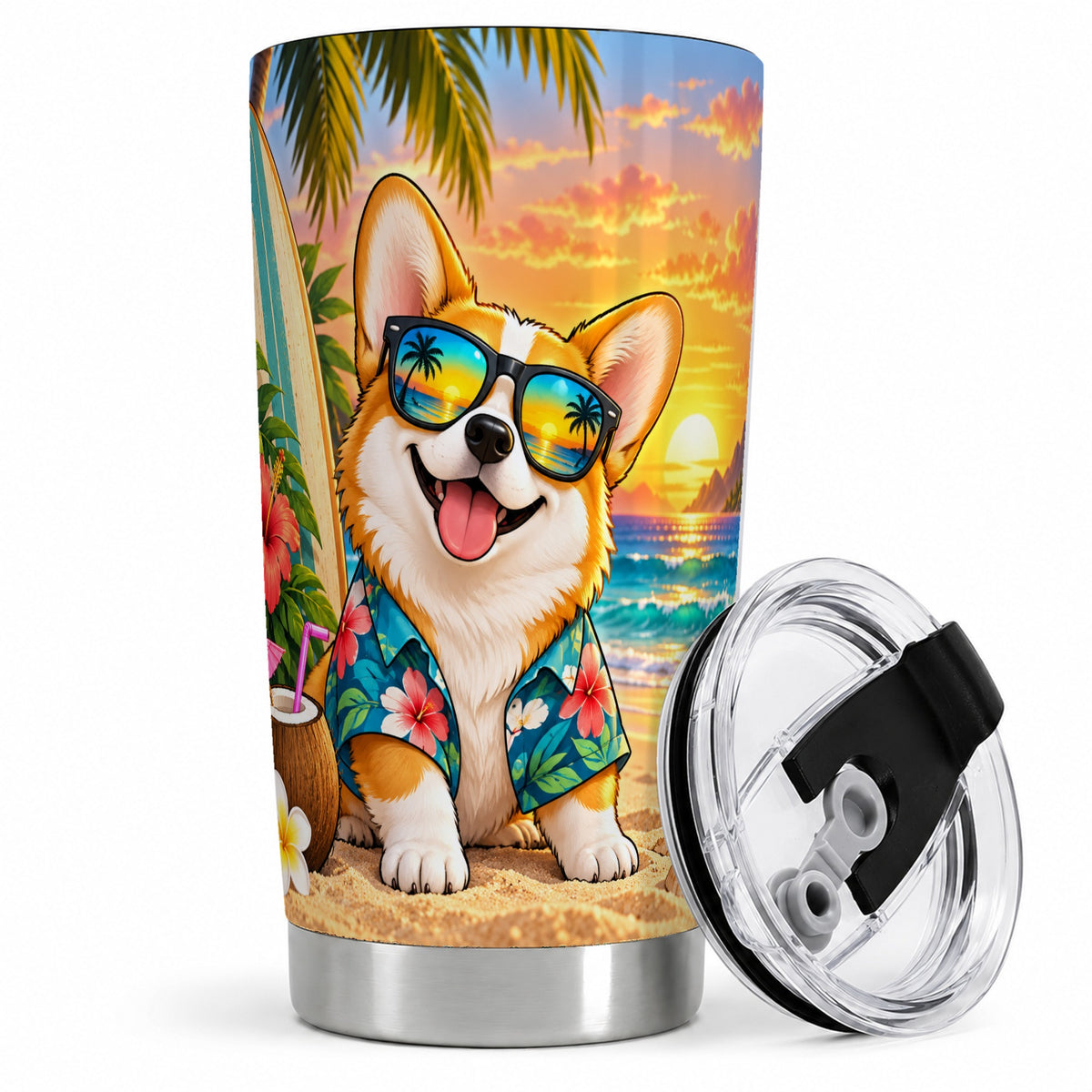 Tropical Corgi Beach 20oz Tumbler for Dog Lovers and Summer Days
