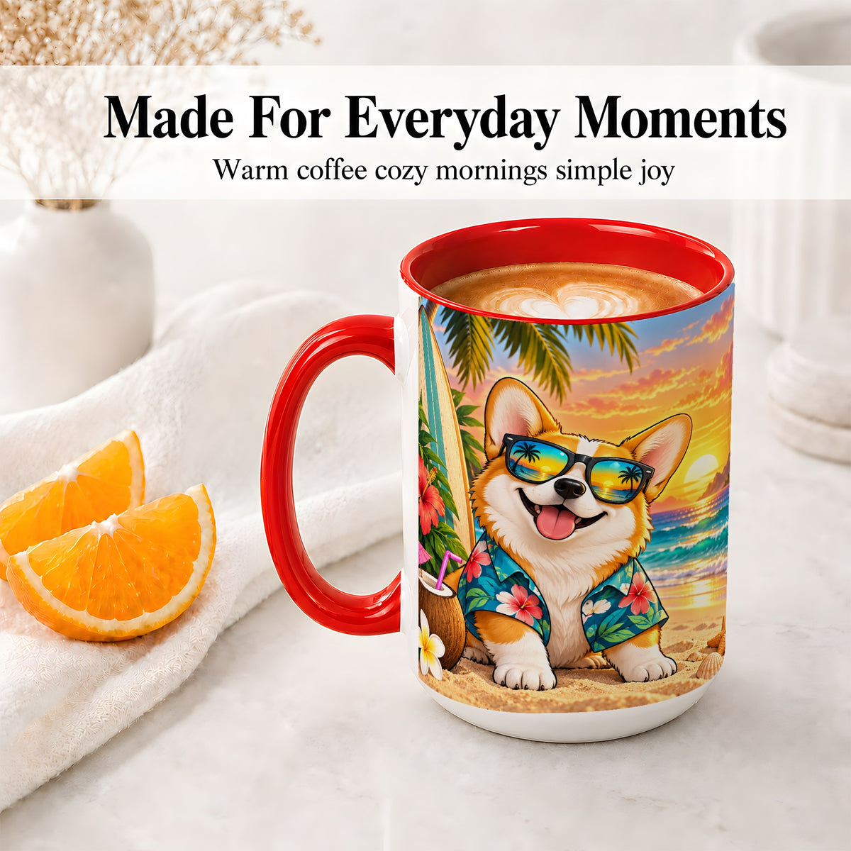 #pl[15oz|Red] Tropical Corgi Beach Ceramic Mug for Dog Lovers and Summer Days