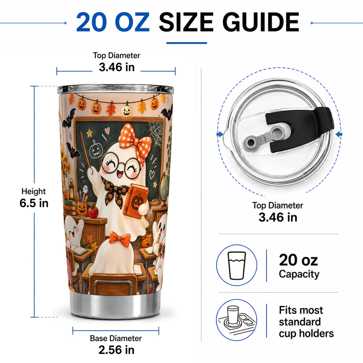 #pl[20oz|Steel] Halloween Ghost Teacher 20oz Tumbler with Classroom Artwork