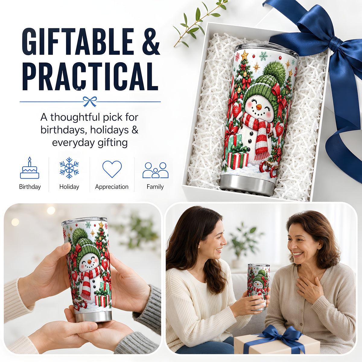 Christmas Snowman 20oz Tumbler with Candy Cane Holiday Artwork
