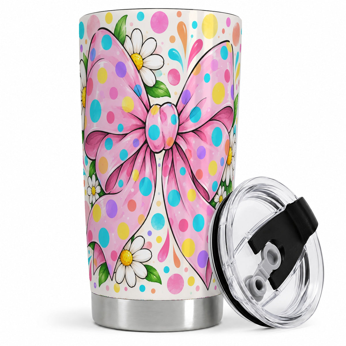 Pink Polka Dot Bow 20oz Tumbler with Daisy Floral Artwork