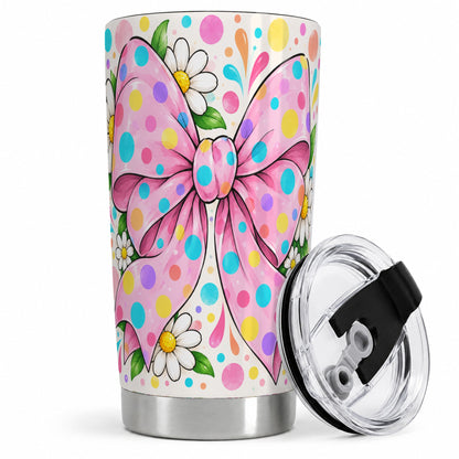 Pink Polka Dot Bow 20oz Tumbler with Daisy Floral Artwork