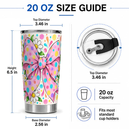 #pl[20oz|Steel] Pink Polka Dot Bow 20oz Tumbler with Daisy Floral Artwork