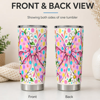 #pl[20oz|Steel] Pink Polka Dot Bow 20oz Tumbler with Daisy Floral Artwork