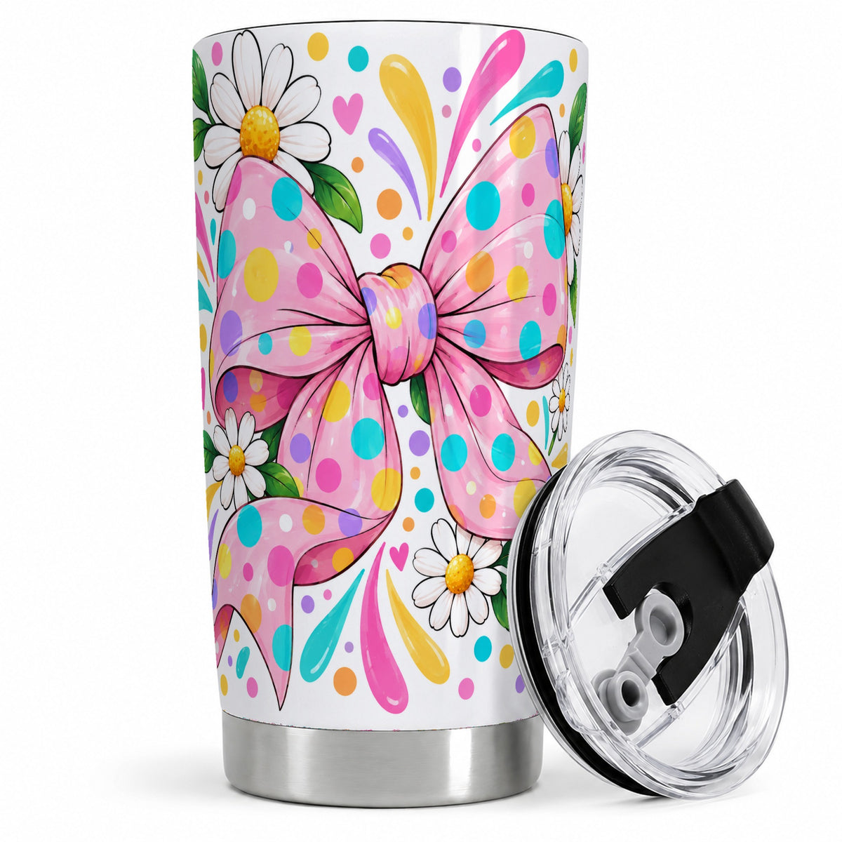 Daisy Polka Dot Bow 20oz Tumbler with Colorful Floral Artwork