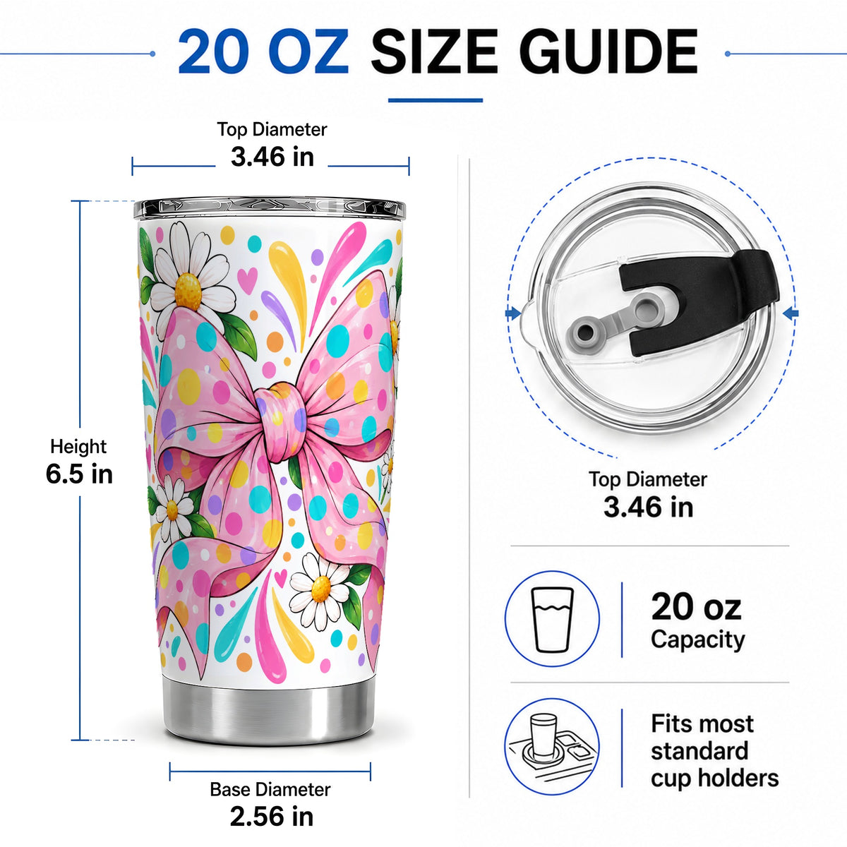 #pl[20oz|Steel] Daisy Polka Dot Bow 20oz Tumbler with Colorful Floral Artwork