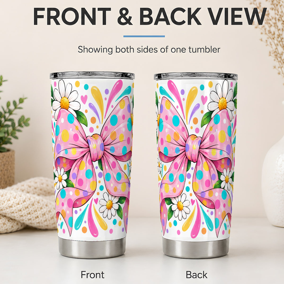 #pl[20oz|Steel] Daisy Polka Dot Bow 20oz Tumbler with Colorful Floral Artwork