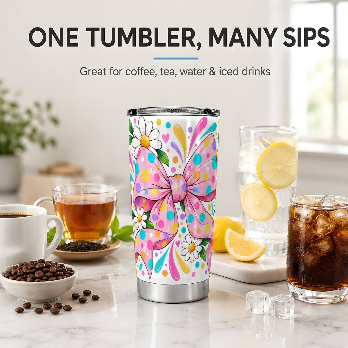 Daisy Polka Dot Bow 20oz Tumbler with Colorful Floral Artwork