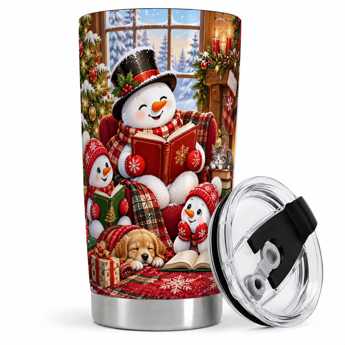 Christmas Snowman Reading 20oz Tumbler with Cozy Holiday Artwork