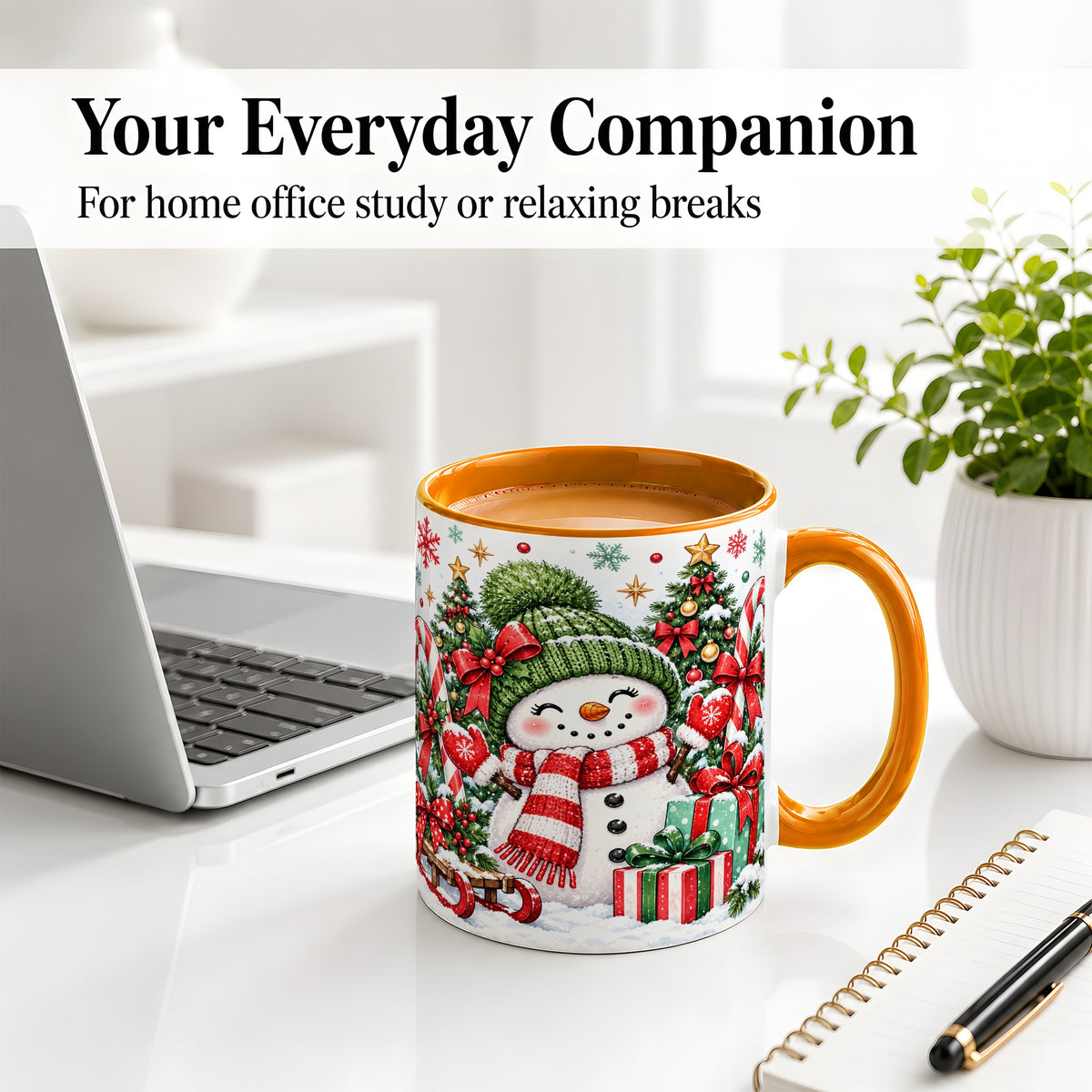 #pl[11oz|Orange] Christmas Snowman Ceramic Mug with Candy Cane Holiday Artwork