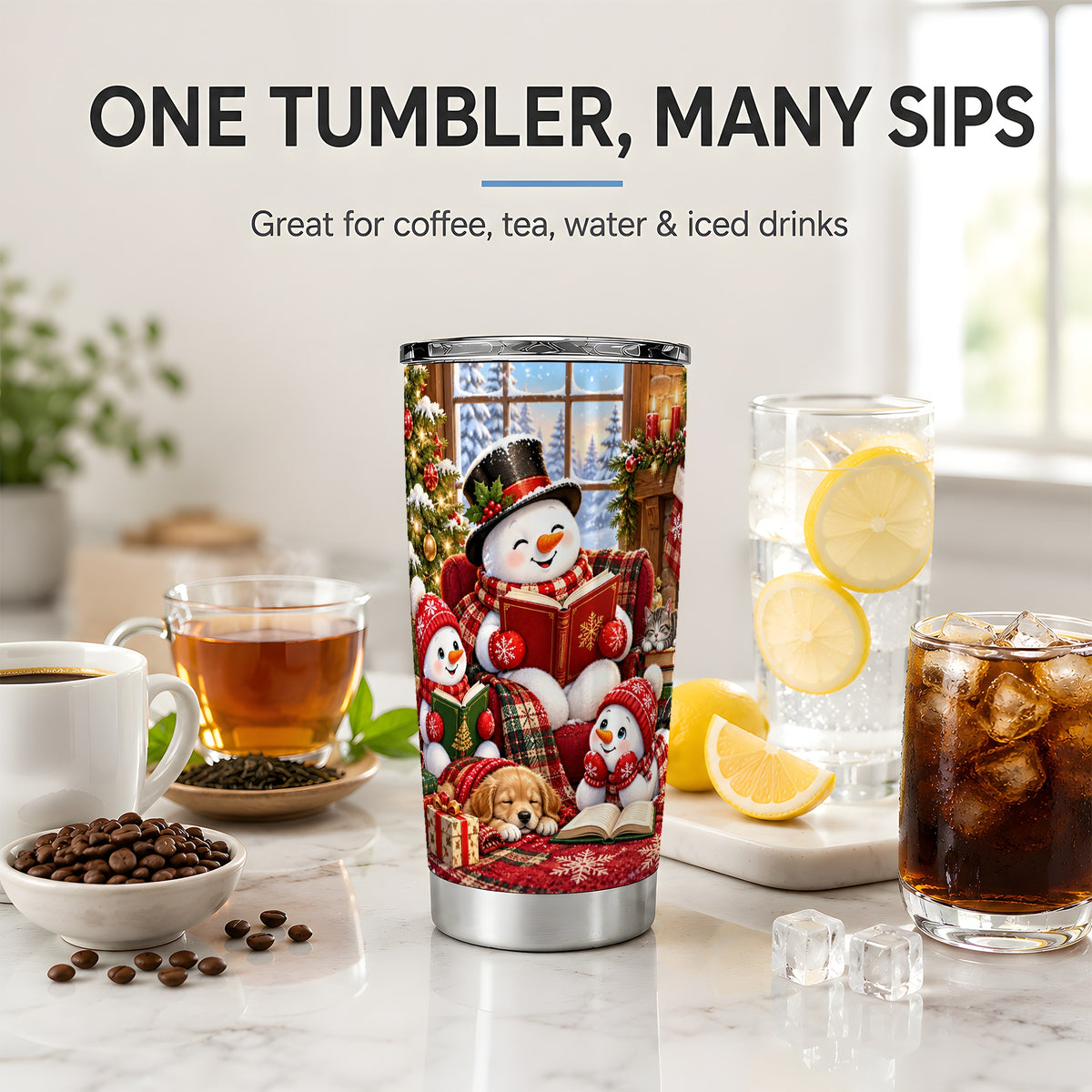 Christmas Snowman Reading 20oz Tumbler with Cozy Holiday Artwork