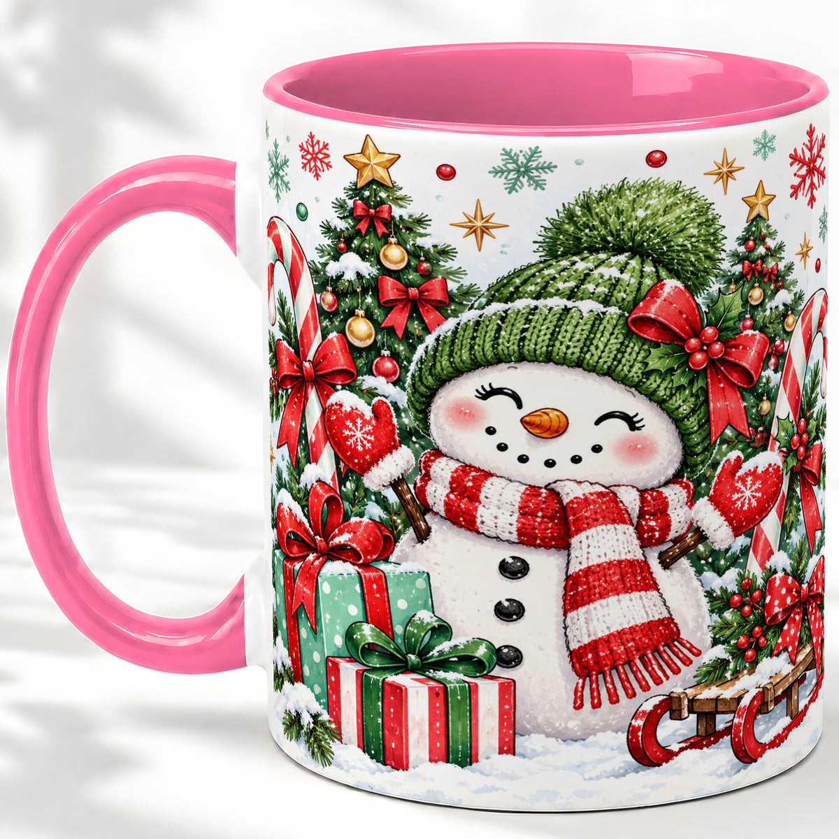 #pl[11oz|Pink] Christmas Snowman Ceramic Mug with Candy Cane Holiday Artwork