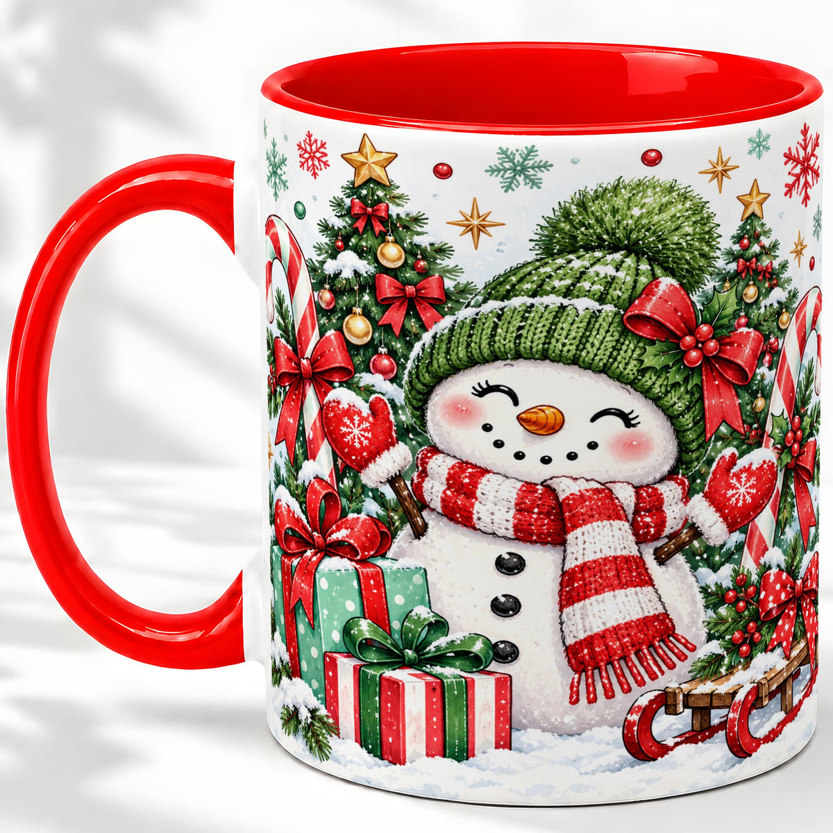Christmas Snowman Ceramic Mug with Candy Cane Holiday Artwork