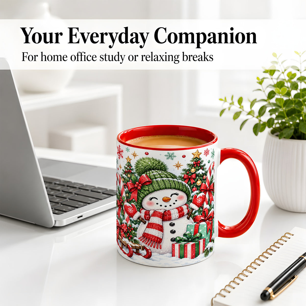 #pl[11oz|Red] Christmas Snowman Ceramic Mug with Candy Cane Holiday Artwork